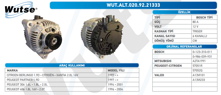 ALTERNATÖR 12V (VALEO TİPİ) 90A CIT BERLNGO 1,9D 97-PARTNER 1,9