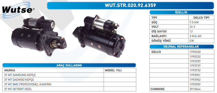 MARŞ MOTORU 24V (DELCO TİPİ) 6,8KW 12T 37MT SAMSUNG KEPÇE