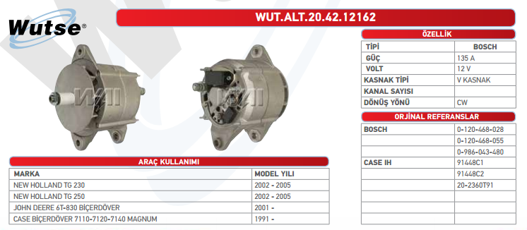 ALTERNATÖR 12V (BOSCH TİPİ) 135A NEW HOLLAND TG 210 - 230