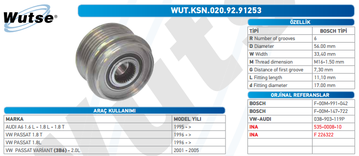 ALTERNATÖR KASNAĞI (BOSCH TİPİ) AUDI A6 1,6L-1,8L-1,8/VW PASSAT