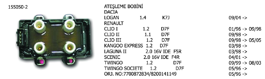 ATEŞLEME BOBİNİ RENAULT CLIO 1.1 98- / 1.2 96-98 / 2.0 00- / KANGOO 1.2 97- / LAGUNA 2.0 01- / MEGANE 1.6 E 96-99 / 2.0 96-99 / SCENIC 00-03 / TWINGO 1.2 96- / VOLVO 850 95-96