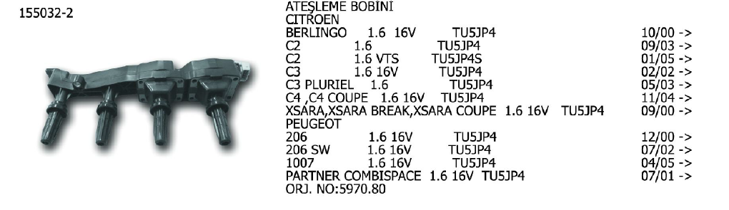 ATEŞLEME BOBİNİ PEUGEOT 206 00- / 207 06- / 307 02- / 308 08- / PARTNER 08- / TOYOTA 4 93-96 / HILUX 94-05 / LAND CRUISER 93-96 / BMW 7 96-01 / CITROEN BERLINGO 08- / C2 03- / C4 04- / XSARA 00-05