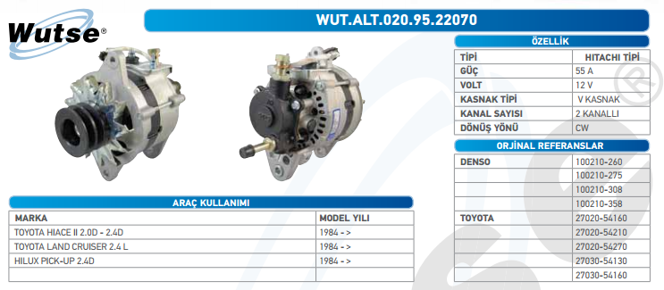 ALTERNATÖR 12V (HITACHI TİPİ) 55A T.HIACE II-HILUX