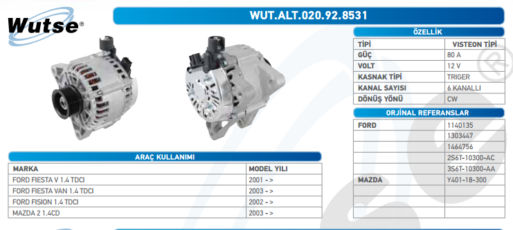 ALTERNATÖR 12V (VISTEON TİPİ) 80A F.FIESTA V 1,4TDC