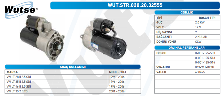 MARŞ MOTORU 12V (BOSCH TİPİ) 2,0KW 9T VW.LT28 II-LT