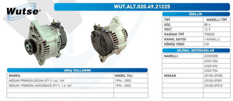 ALTERNATÖR 12V 80A NISSAN PRIMERA (P11) 1.6L 16V 1