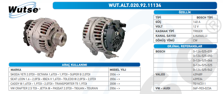 ALTERNATÖR 12V 140A VW CADYY III 2.0TDI