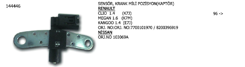 SENSÖR KRANK MİLİ POZİSYON (KAPTÖR) RENAULT CLIO 96-01 / KANGOO 01- / LOGAN 04- / MEGANE 96-99 / THALIA 02- / TWINGO 01- / VW CRAFTER 06-11 / DACIA LOGAN 04- / SANDERO 08- / KUBISTAR 03-