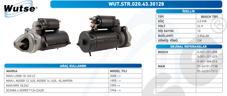 MARŞ MOTORU 24V (BOSCH TİPİ) 4,0KW10T MAN L2000, M200