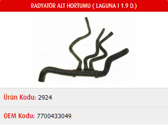 RADYATÖR ALT HORTUMU RENAULT LAGUNA I 1.9D