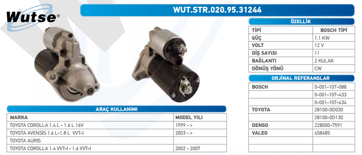 MARŞ MOTORU 12V (BOSCH TİPİ) 1,1KW 11T TOYOTA AVEN