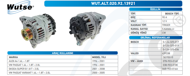 ALTERNATÖR 12V 90A AUDI A4 1,8T 1996-2001-SKODA