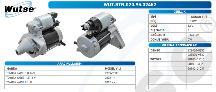 MARŞ MOTORU 12V (NİPPON TİPİ) 0.7KW 8T T.YARIS 1.0K