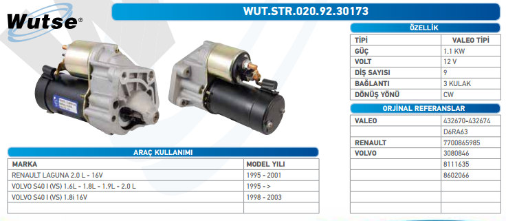 MARŞ MOTORU 12V (VALEO TİPİ) 1,1KW 9T R.LAGUNA 2.0L