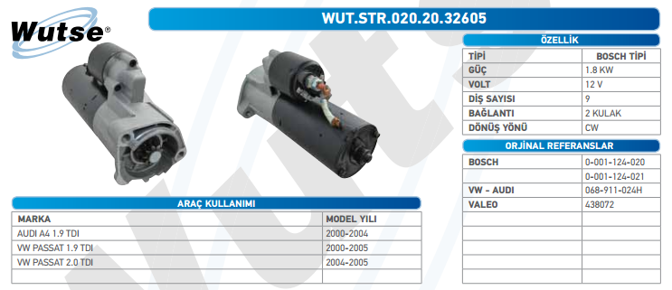 MARŞ MOTORU 12V (BOSCH TİPİ) 9T AUDI A4 1,9TDI 00-04