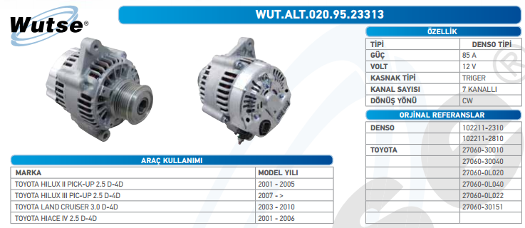 ALTERNATÖR 12V 85A TOYOTA HILUX II-III 2.5 D-4D-L.CRUISE