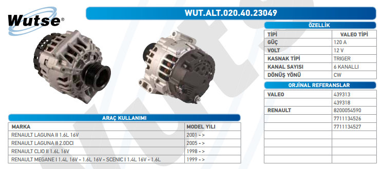 ALTERNATÖR 12V 120A RENAULT LAGUNA 1.6L 16V