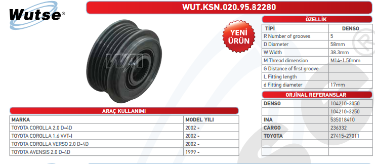 ALTERNATÖR KASNAĞI (DENSO TİPİ) TOYOTA COROLLA 2.0D-4D 2002-