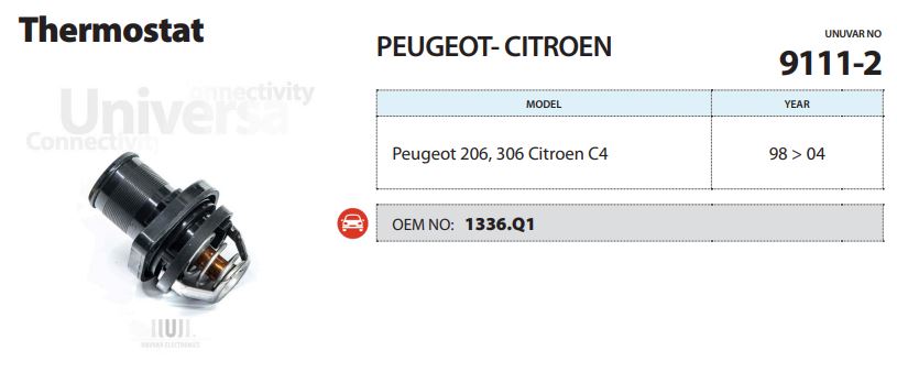 TERMOSTAT (89°C) PEUGEOT 206 98- / 306 00-02 / 307 03- / BIPPER 08- / EXPERT 00- / PARTNER 96- / TOYOTA COROLLA 04-07 / CITROEN BERLINGO 96- / C2 03- / C4 04- / JUMPY 00- / XSARA 00-05 / FIAT SCUDO 00-06 / ULYSSE