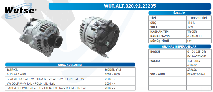 ALTERNATÖR 12V (BOSCH TİPİ) 110A VWAGEN POLO 1.4L 1