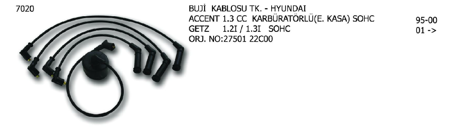 BUJİ KABLOSU TK. HYUNDAI ACCENT 94-00 / ATOS 01- / GETZ 05-09 / LANTRA 96-00 / S COUPE 91-96 / KIA PICANTO 04-