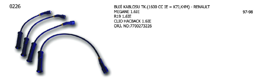 BUJİ KABLOSU TK. RENAULT KANGOO 97- / LAGUNA 97-01 / CLIO 98-05 / MEGANE 96-99 / THALIA 00- / PEUGEOT 205 87-89 / 309 90-93 / 405 88-92