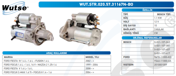 MARŞ MOTORU 12V (BOSCH TİPİ) 1,1KW 10T F.FİESTA