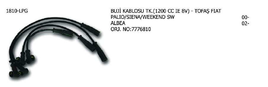 BUJİ KABLOSU TK. FIAT ALBEA 1 98- / ALBEA 1.2 01- / DOBLO 01- / PALIO 1.2 97-02 / PANDA 87-99 / PUNTO 93-99 / STRADA 99- / TIPO 93-95