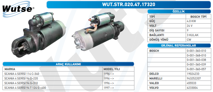 MARŞ MOTORU 24V (BOSCH TİPİ) 24V. 4,0KW 9T SCANIA-VOLVO