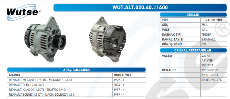 ALTERNATÖR 12V 75A MEGANE I 1,9DTİ - CLIO II 2.0L 16V-KAN