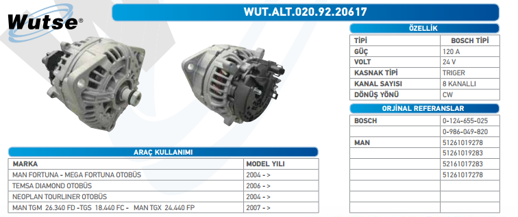 ALTERNATÖR 24V (BOSCH TİPİ) 120A MAN FORTUNA OTOBUS/TEMSA