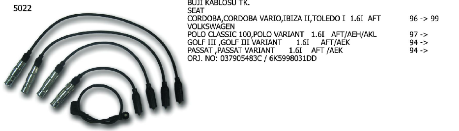 BUJİ KABLOSU TK. VW GOLF 94-99 / PASSAT 94-96 / POLO 95-01 / SHARAN 95-10 / VENTO 94-98 / SEAT CORDOBA 96-99 / IBIZA 96-99 / TOLEDO 96-99