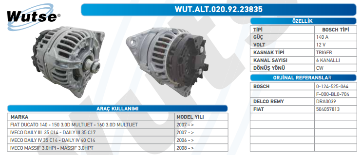 ALTERNATÖR 12V (BOSCH TİPİ) 140A FIAT DUCATO 160