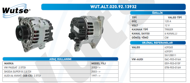 ALTERNATÖR 12V (VALEO TİPİ) 120A AUDI A4-A6 2,5TDI-VW PASSAT