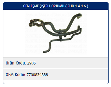 KALORİFER GENLEŞME TANKI HORTUMU RENAULT CLIO I 1.4-1.6 8V / KANGOO 1.4-1.6 8V