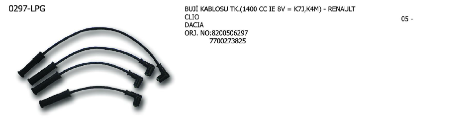 BUJİ KABLOSU TK. RENAULT CLIO 10- / KANGOO 0- / LOGAN 07- / MEGANE 96-99 / MODUS 11- / THALIA 00- / DACIA LODGY  12- / LOGAN 04- / SANDERO 08-