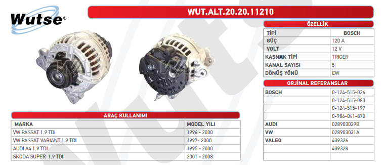 ALTERNATÖR 12V 120A VW PASSAT 1.9TDI 1996-