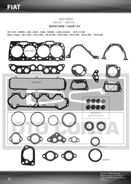 MOTOR TK. CONTASI (SUBAP LASTİKLİ)(S.K.C STD) FIAT TİPO 1.4 / UNO 1.4