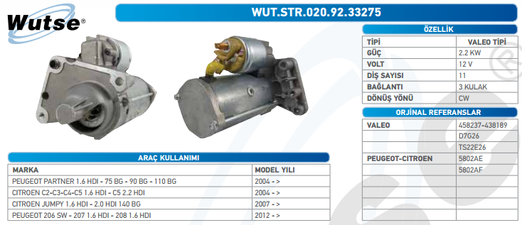 MARŞ MOTORU 12V (VALEO TİPİ) 2,2KW 11T PARTNER 1.6