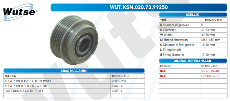 ALTERNATÖR KASNAĞI (DENSO TİPİ) ALFA ROMEO 159 2,4JTD 2007 -> 1