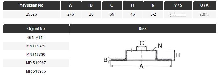 FREN DİSKİ (ÖN)(HAVALI)(276MM) MITSUBISHI LANCER SEDAN 1.5-1.6-1.8-2.0 02-10 / LANCER SPORTBACK 1.5-1.6-1.8-2.0 02-10