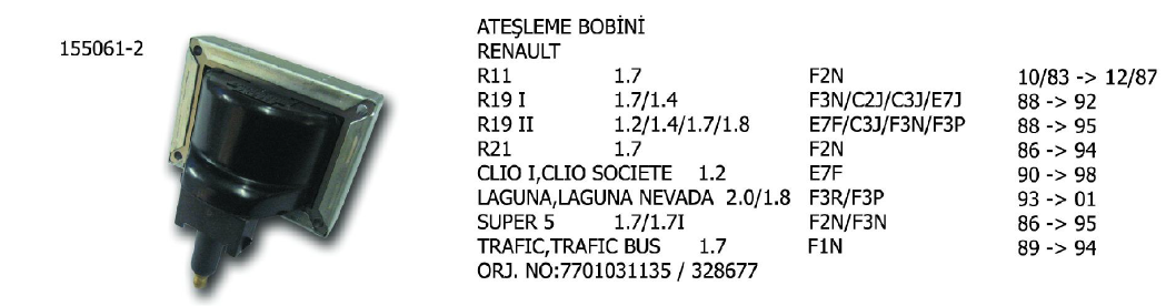 ATEŞLEME BOBİNİ RENAULT R11 83-88 / R18 78-86 / R19 92-94 / R21 86-93 / R25 86-92 / CLIO 90-98 / ESPACE 89-90 / KANGOO 97- / LAGUNA 95-01 / MASTER 85-89 / MEGANE 99-03 / TRAFIC 94-97 / VOLVO / JEEP