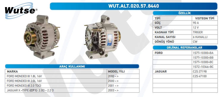 ALTERNATÖR 12V (VISTEON TİPİ) 90A FORD MONDEO III 2,0TDCİ