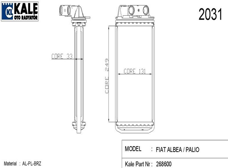 KALORİFER RADYATÖRÜ (BRAZING)(AT/MT) (1 SIRA ALB) FIAT ALBEA / PALIO 1.0 1.2 1.4 1.5 1.6 1.7 1.9 96=> [249X131X33]