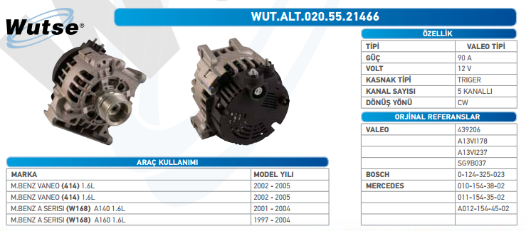 ALTERNATÖR 12V (VALEO TİPİ) 90A M.BENZ VANEO 1,6L- KASA A160