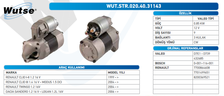 MARŞ MOTORU 12V (VALEO TİPİ) R.CLIO I-II 16V 96-01