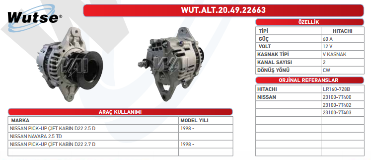 ALTERNATÖR 12V (VALEO TİPİ) 60A NISSAN PICK-UP ÇİFT KAB /N