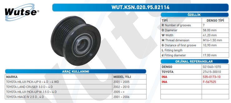 ALTERNATÖR KASNAĞI (DENSO TİPİ) T.HILUX PICKUP II 2.5 D4D 01-