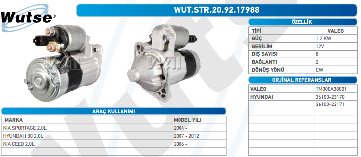 MARŞ MOTORU 12V (VALEO TİPİ) 1,2KW 8T KIA SPORTAGE 2.0