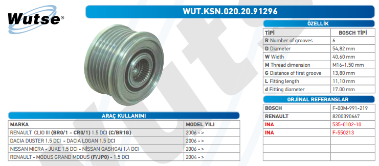 ALTERNATÖR KASNAĞI (BOSCH TİPİ) R.CLIO III 1.5DCI/D.DUSTER/LGN